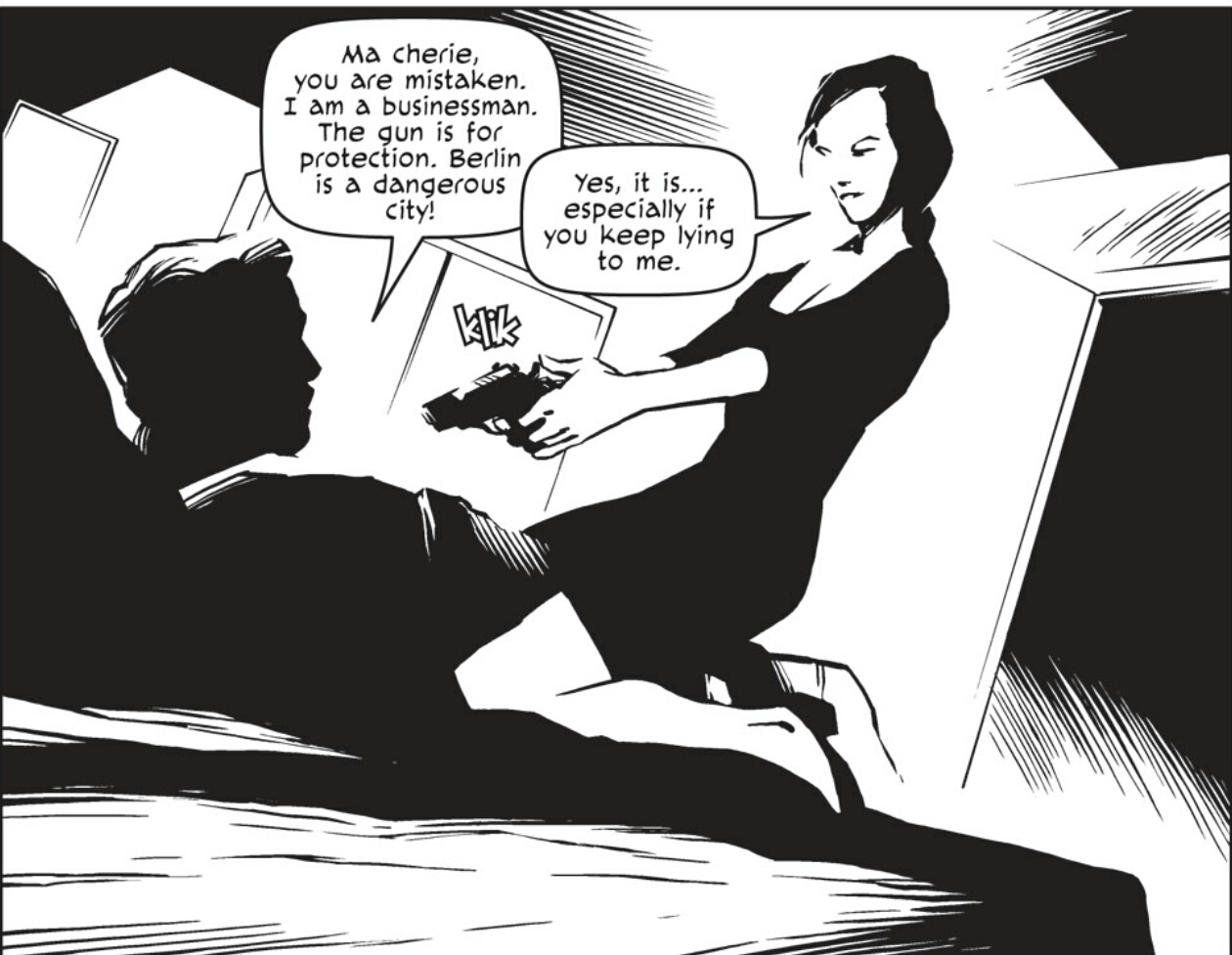 scena łóżkowa z komiksu The Coldest City; Atomic Blonde
